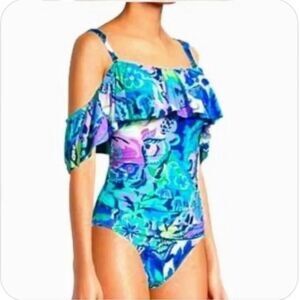 TAHARI Women’s Blue Floral Ruffle One Piece Swimsuit Large Resort Beach